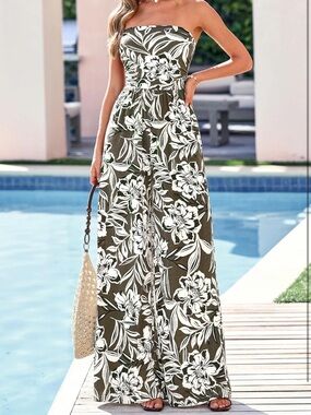Strapless Army Green Floral Jumpsuit